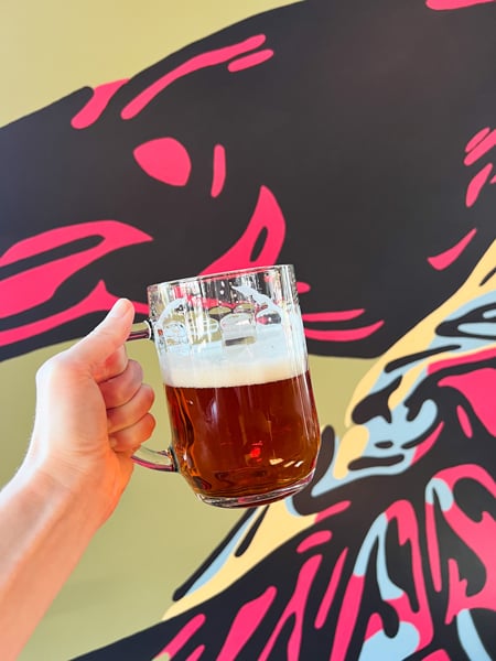 Burning Blush Brewery in Mills River North Carolina with white hand holding up amber beer in glass mug in front of gray, pink, yellow, and blue mural