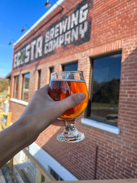 Ecusta Brewing Company Brevard North Carolina with white hand holding up amber beer in front of brick taproom with company sign and blue sky