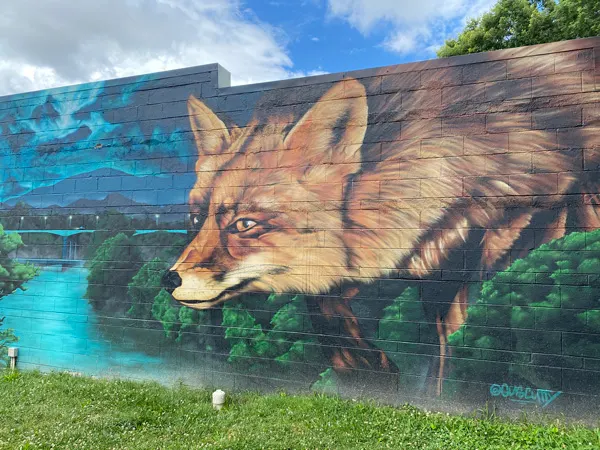 Fox Mural West Asheville with large fox looking over river with mountains