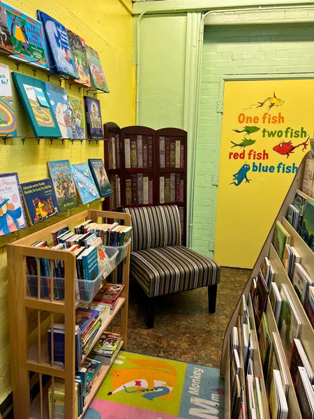 Joy of Books Bookstore Hendersonville NC with small children's section with low bookshelf, magazine like rack, and Dr Seuss one fish two fish painted on back door