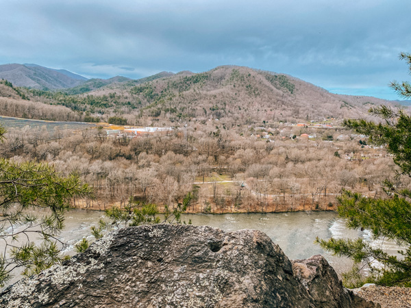 Lover's Leap Loop Trail North Carolina with mountains in the Pisgah National Forest, railroad tracks and town of Hot Springs, NC, and view of French Broad River