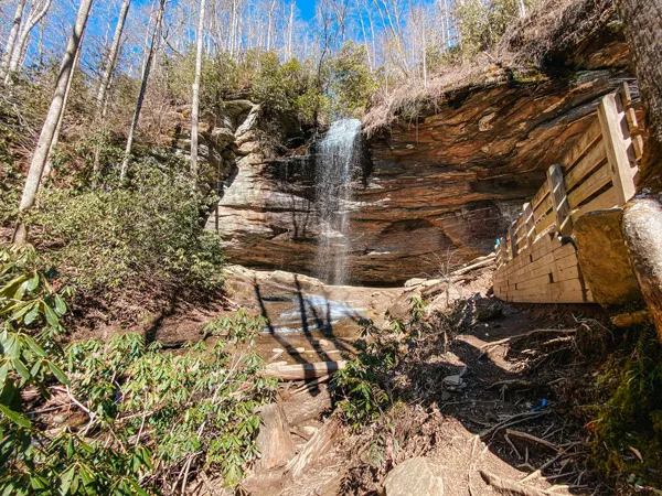 Moore Cove Falls NC with 50 foot waterfall in front of a cove