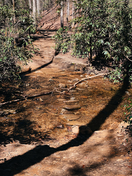 Rainbow Falls hike with stream and rocks to cross it
