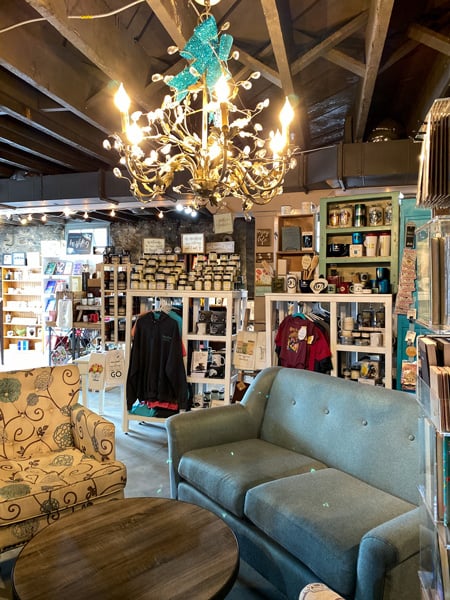 Sassafras On Sutton Black Mountain Bookstore downstairs with chandelier, green, blue, gray ish colored couch, and bookshelves of varying heights