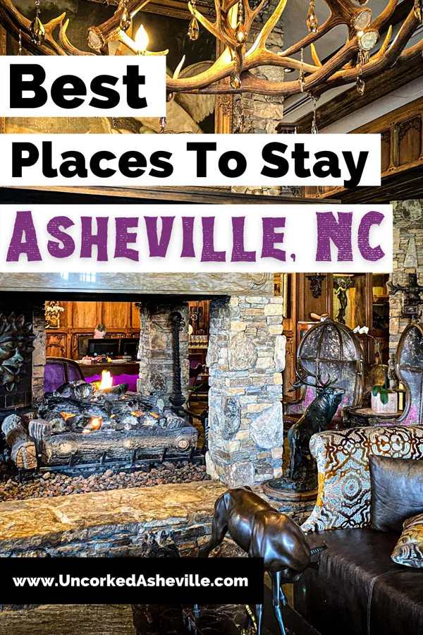 Where To Stay In Asheville Hotels with Grand Bohemian in Biltmore Village with four-sided stone fireplace, purple couch, and antler chandelier