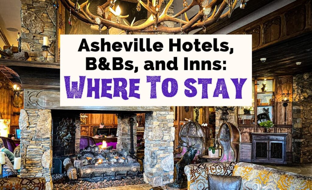 Where To Stay In Asheville NC Hotels, Resorts, B & Bs with lobby of Grand Bohemian Hotel in Biltmore Village with four-sided blazing fireplace and antler chandelier