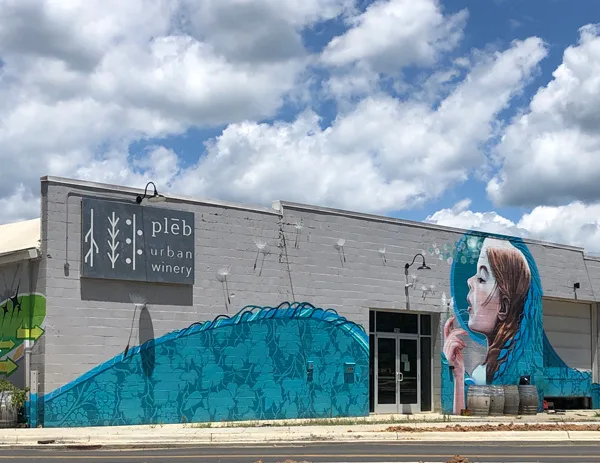 pleb urban winery Asheville NC with gray building and blue and turquoise mural of white brunette woman blowing a dandelion