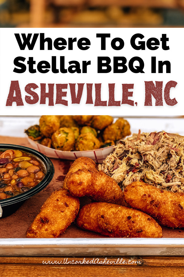 Best BBQ Asheville NC Pinterest Pin with pulled pork, hushpuppies, fried okra, and beans from Luella's Bar-B-Que