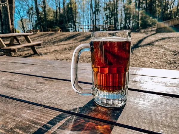 Mills River Brewing Co Mills River NC with amber beer on outdoor picnic table