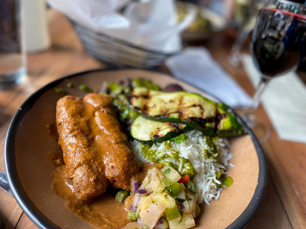 Nine Mile Restaurant Asheville Vegan Sausage with white rice and veggies