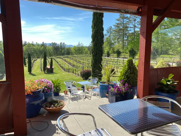 Overmountain Vineyards Tryon NC outdoor covered patio with silver tables, blue sky with clouds, and vineyards