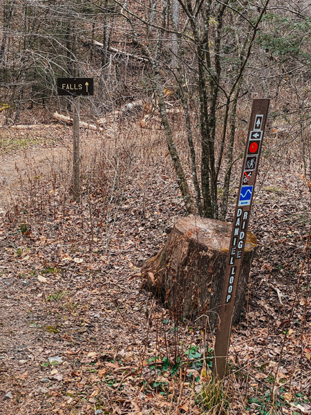 Trailhead Daniel Ridge Loop And Falls NC with sign saying Falls and post with red blaze and arrows