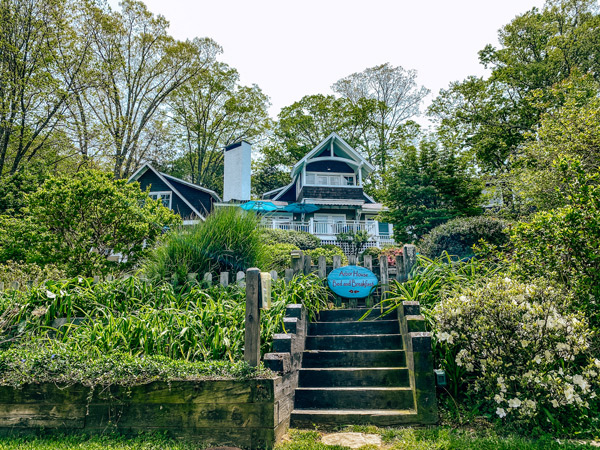 Arbor House Bed and Breakfast Black Mountain NC with stairs leading up to house surrounded by trees and gardens