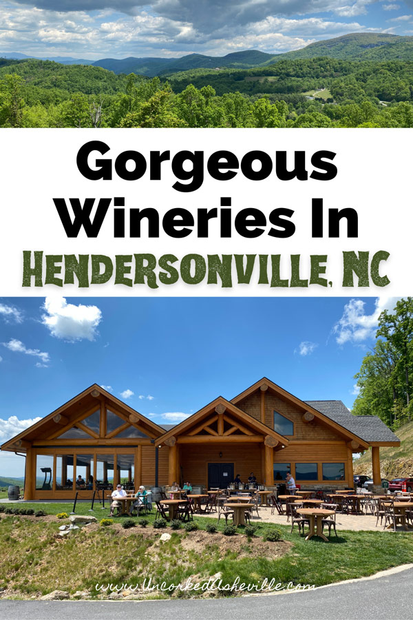 Best Wineries In Hendersonville NC Pinterest Pin with picture of Point Lookout Vineyards Tasting Room and mountain view