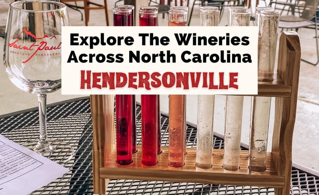 Hendersonville Wineries with Saint Paul Mountain Vineyards glass and wine testing with test tubes filled with white, red, and pink wine