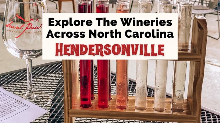 Hendersonville Wineries with Saint Paul Mountain Vineyards glass and wine testing with test tubes filled with white, red, and pink wine