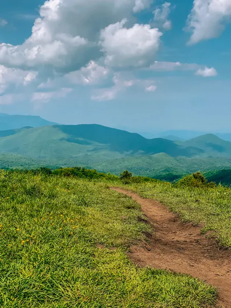 Max Patch Appalachian Trail with dirt pathway and blue green mountains at summit