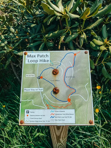 Max Patch Loop Trail NC with map on wood stake showing distances and Max Patch Trail with Appalachian Trail