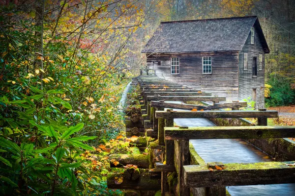 Mingus Mill Oconaluftee Visitor Center with mill during the fall