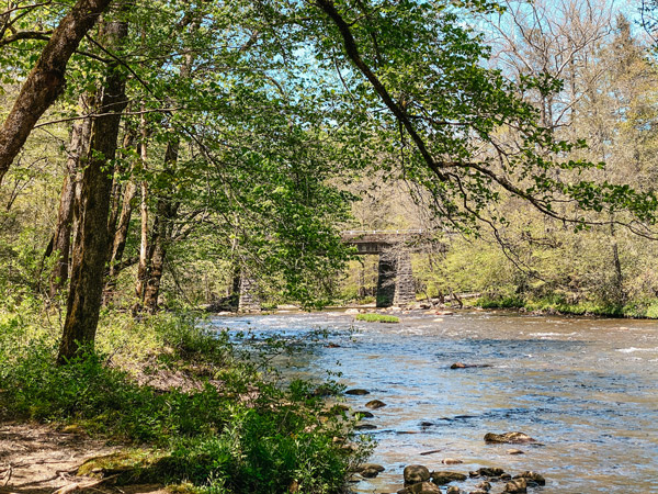 Oconaluftee River Trail NC with bridge and river