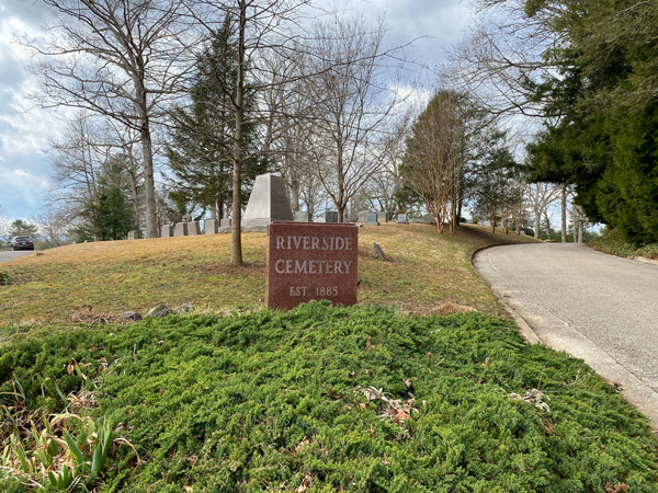 Riverside Cemetery Asheville with entrance stone and paved roads