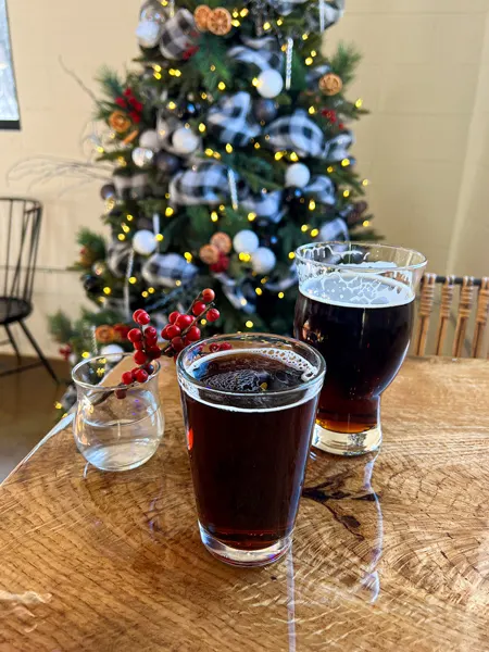 7 Clans Brewing taproom in Biltmore in Village Asheville, NC with half pour and regular pour of two dark and gluten-reduced beers on table in front of holiday tree with hops-like decorations