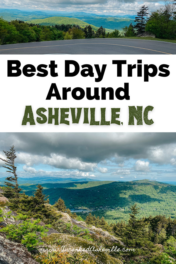 Asheville Day Trips Pinterest Pin with Forrest Gump curve in road and Mile High Swinging Bridge at Grandfather Mountain