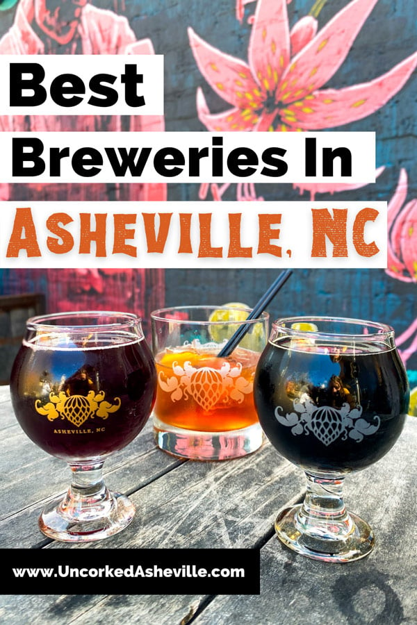 Best Asheville Breweries Pinterest pin with orange cocktail and two dark sour beers with pink flower mural in the background from Asheville's Funkatorium