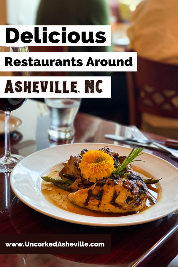 Best Restaurants In Asheville North Carolina Pinterest Pin with glass of wine and plate with chicken in sauce and flower garnish