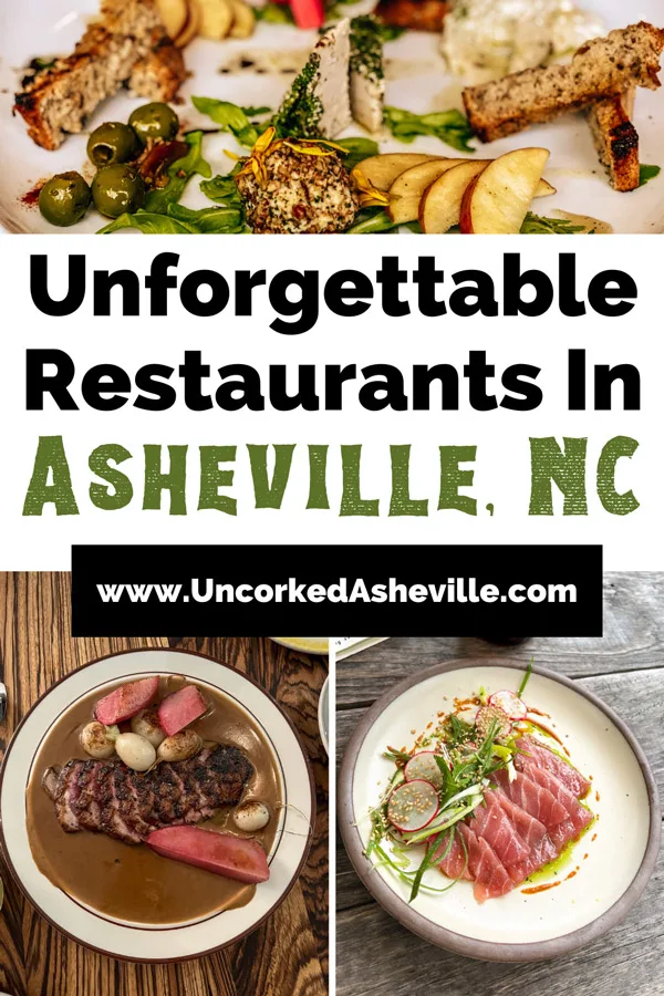 Best Restaurants in Asheville NC from Locals Pinterest Pin with plate of meat in gravy from Neng Jr's, plate of raw yellowtail tuna with green garnish and olive oil from Leo's House of Thirst, and close up of vegan cheese on plate from Plant