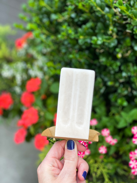 Buggy Pops Asheville with white hand with purple nails holding vegan white pop in front of flowers and green bush