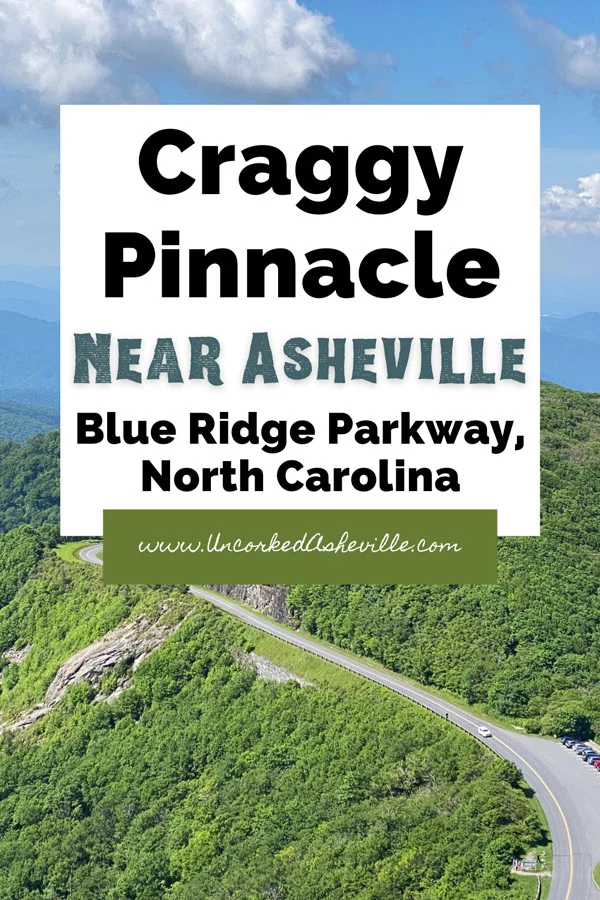 Craggy Pinnacle Blue Ridge Parkway NC Pinterest Pin with view from overlook over Blue Ridge Parkway and Craggy Gardens parking lot