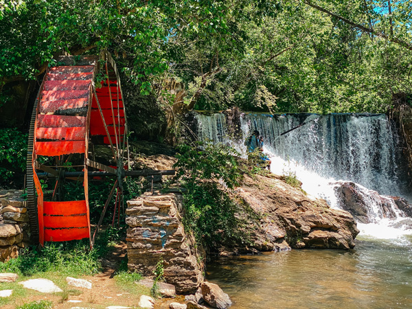 Dam Waterfall Reems Creek Weaverville NC with red water wheel