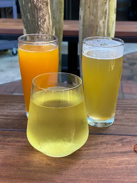 Dssolvr Brewery Downtown Asheville with two small pours of orange and yellow beer and one glass of yellow cider