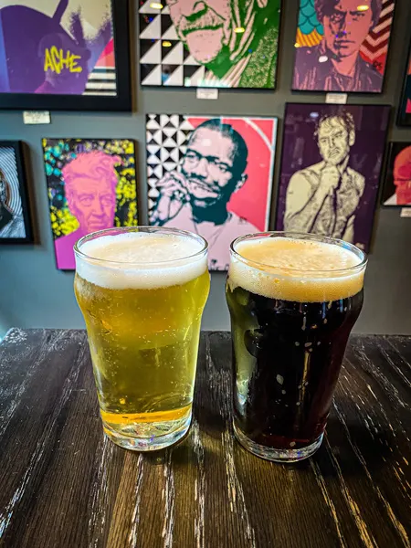 Eurisko Beer Company Asheville NC beer with yellow and dark flight glasses on brown table with art in background
