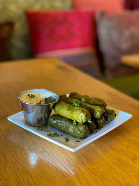 Gypsy Queen Cuisine Vegan Restaurant Asheville NC with plate of grape leaves