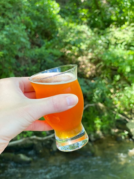 Hillman Beer Biltmore Village Asheville with white hand holding small flight glass with orange beer in front of babbling brook and green trees