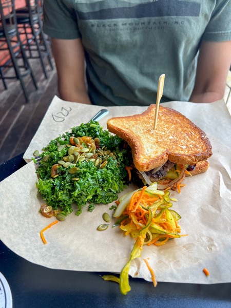 Hillman Beer in Old Fort NC Gluten Free bread with burger, kale side salad, and side of pickles with carrots on table