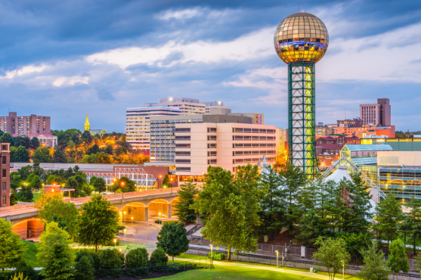 Knoxville Tennessee at twilight with city buildings