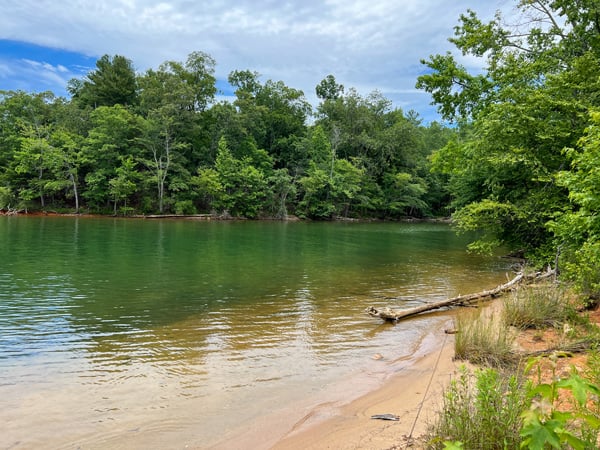 Lake James State Park NC with blue green water, sandy shore, and green tree line with blue cloudy sky