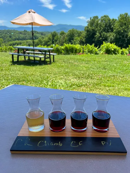 Silver Fork Winery Morganton NC with wine flight with three reds and one white wine on shaded picnic table overlooking the blue hued mountains