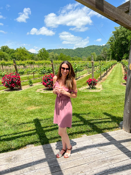 Souther Williams Vineyard Winery Asheville NC with white brunette female in pink dress holding white wine glass in front of vines with pink flowering bushes