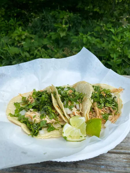 Taqueria Munoz Food Truck at Zillicoah Beer Company with three soft tacos on a plate garnished with lime and cilantro