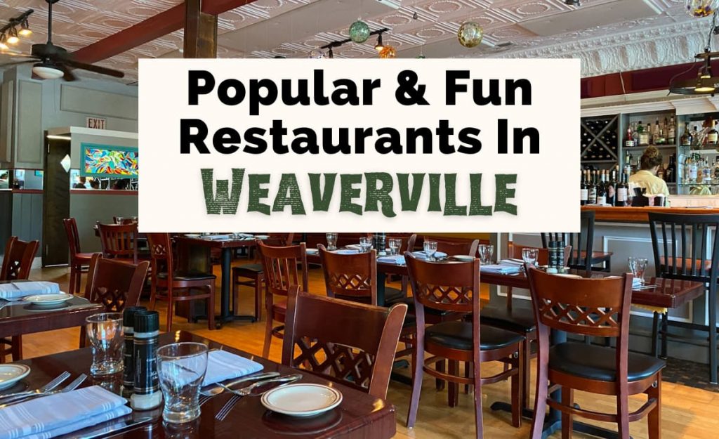 Best Weaverville Restaurants NC with picture of Glass Onion with tables, bar, blown glass hanging from the ceiling