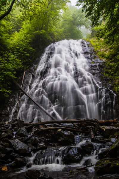 Crabtree Falls Blue Ridge Parkway Hikes NC cascading mountain waterfall surrounded by green trees