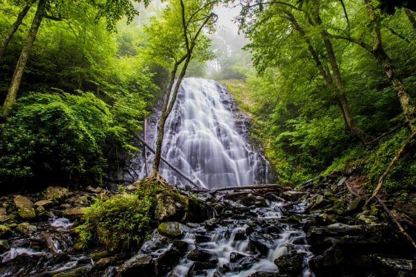 Crabtree Falls North Carolina with waterfall between the trees