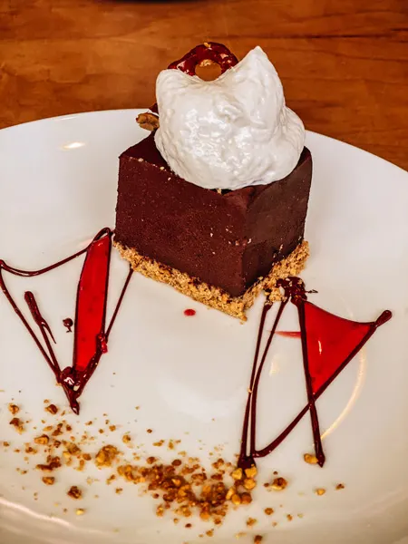 Plant Restaurant's chocolate mousse with whipped cream and crumble base with red design on plate vegan and gluten-free dessert in Asheville, NC