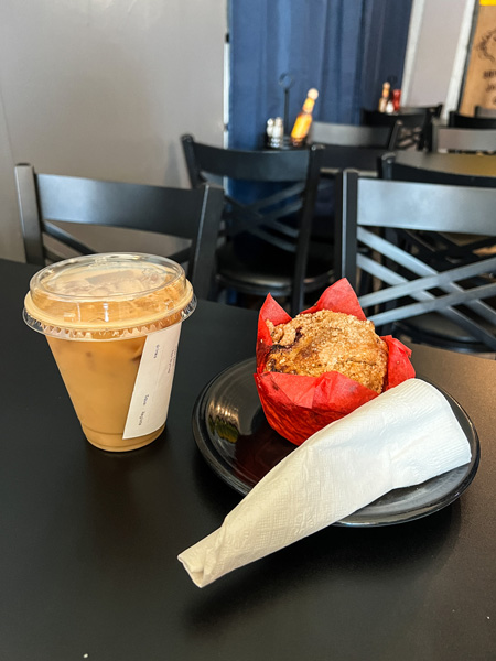 Yellow Mug iced coffee and muffin
