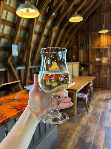 Appalachian Ridge Artisan Cidery Hendersonville NC with white hand holding up golden cider in glass in wooden barn taproom