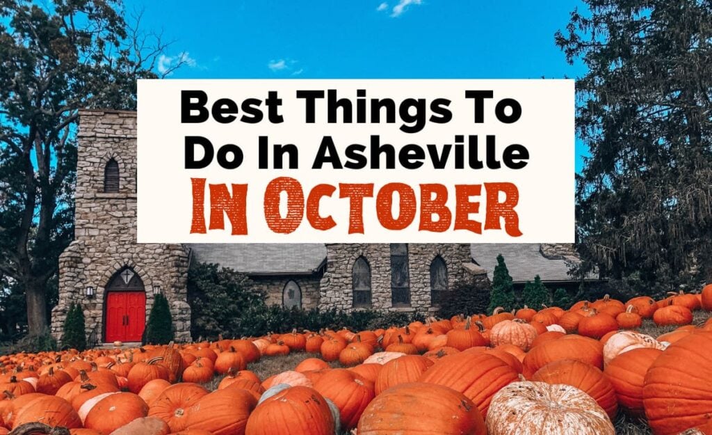 Best Fall Things To Do In Asheville In October with image of Grace Episcopal Church with gray stone facade and red door with orange pumpkins in front on grassy hill